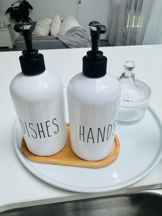 Soap Dispenser Set with Bamboo Tray – Hands & Dish | Black - White
