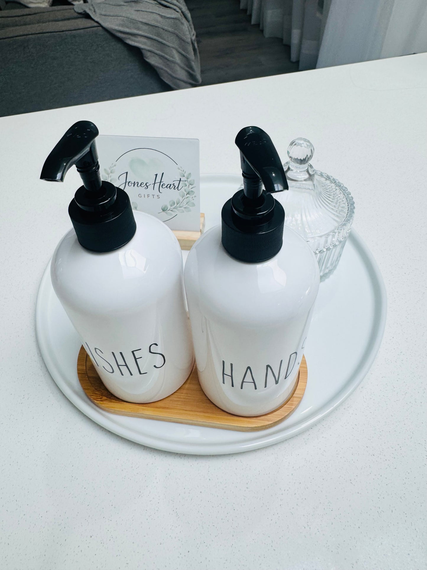 Soap Dispenser Set with Bamboo Tray – Hands & Dish | Black - White