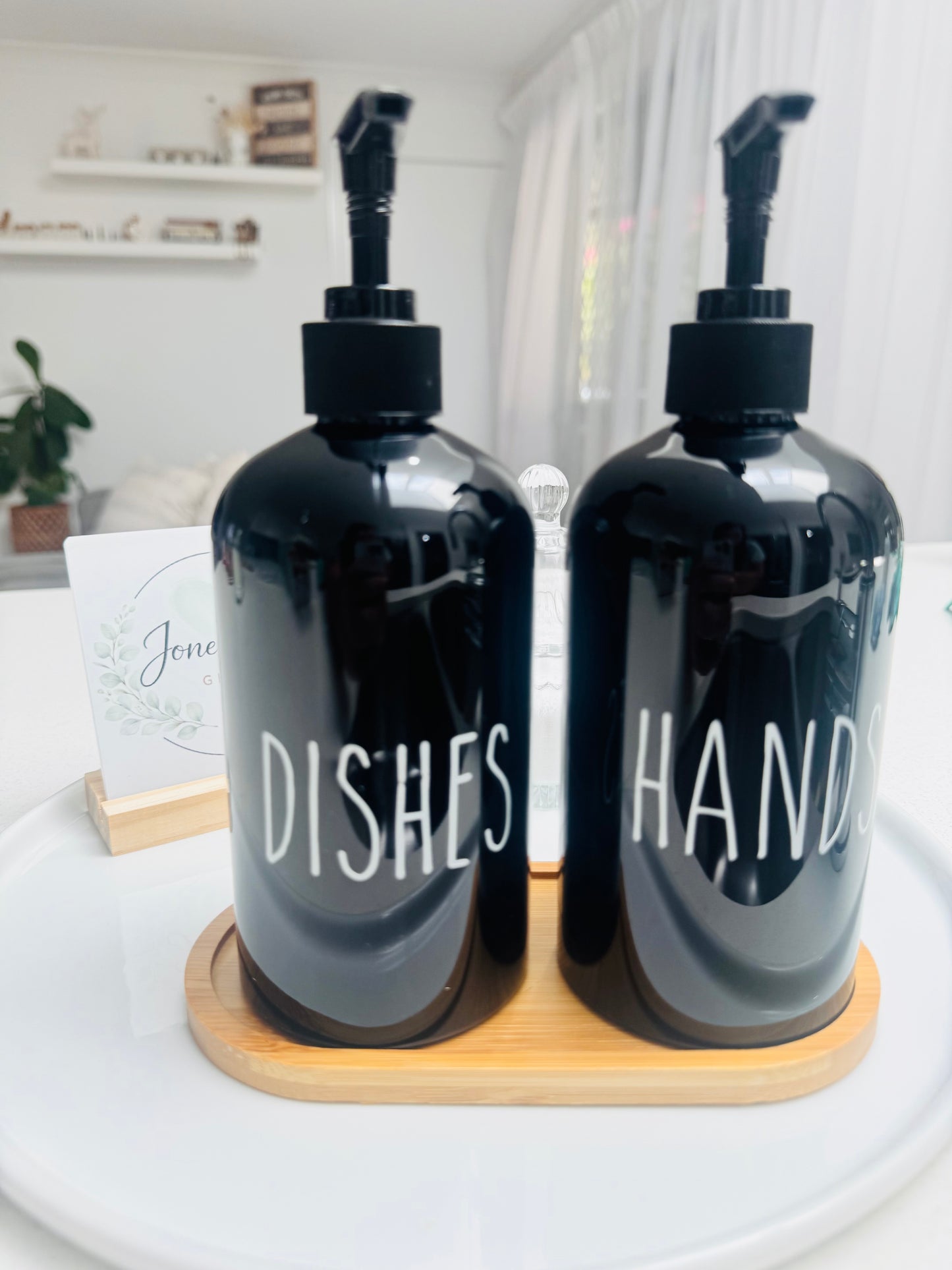 Soap Dispenser Set with Bamboo Tray – Hands & Dish | Black - White