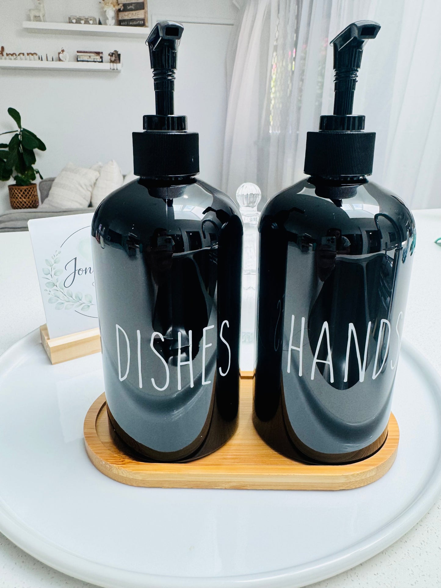 Soap Dispenser Set with Bamboo Tray – Hands & Dish | Black - White