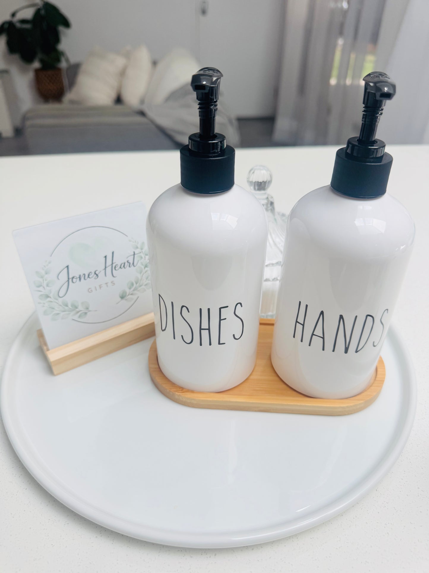 Soap Dispenser Set with Bamboo Tray – Hands & Dish | Black - White