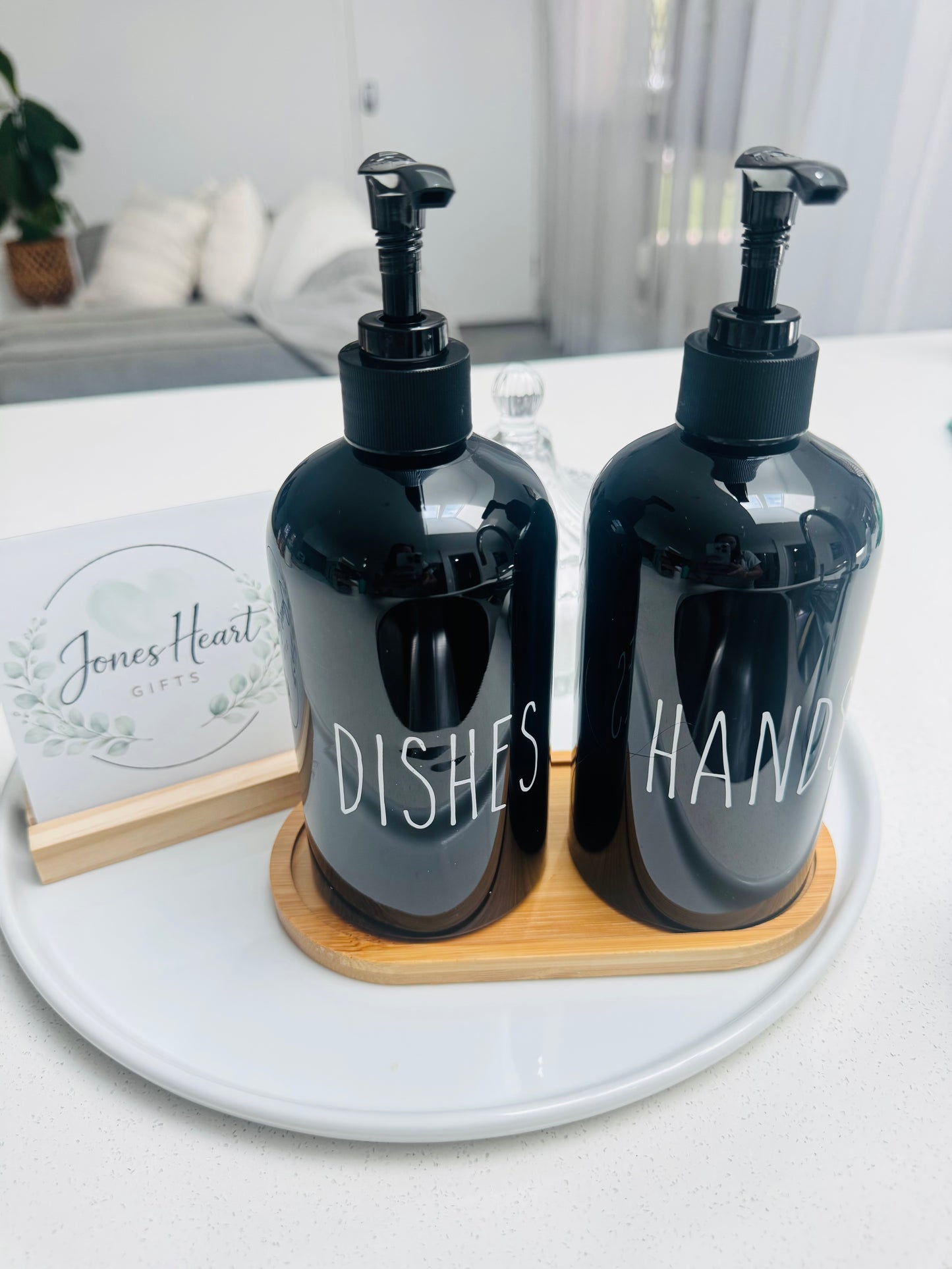 Soap Dispenser Set with Bamboo Tray – Hands & Dish | Black - White