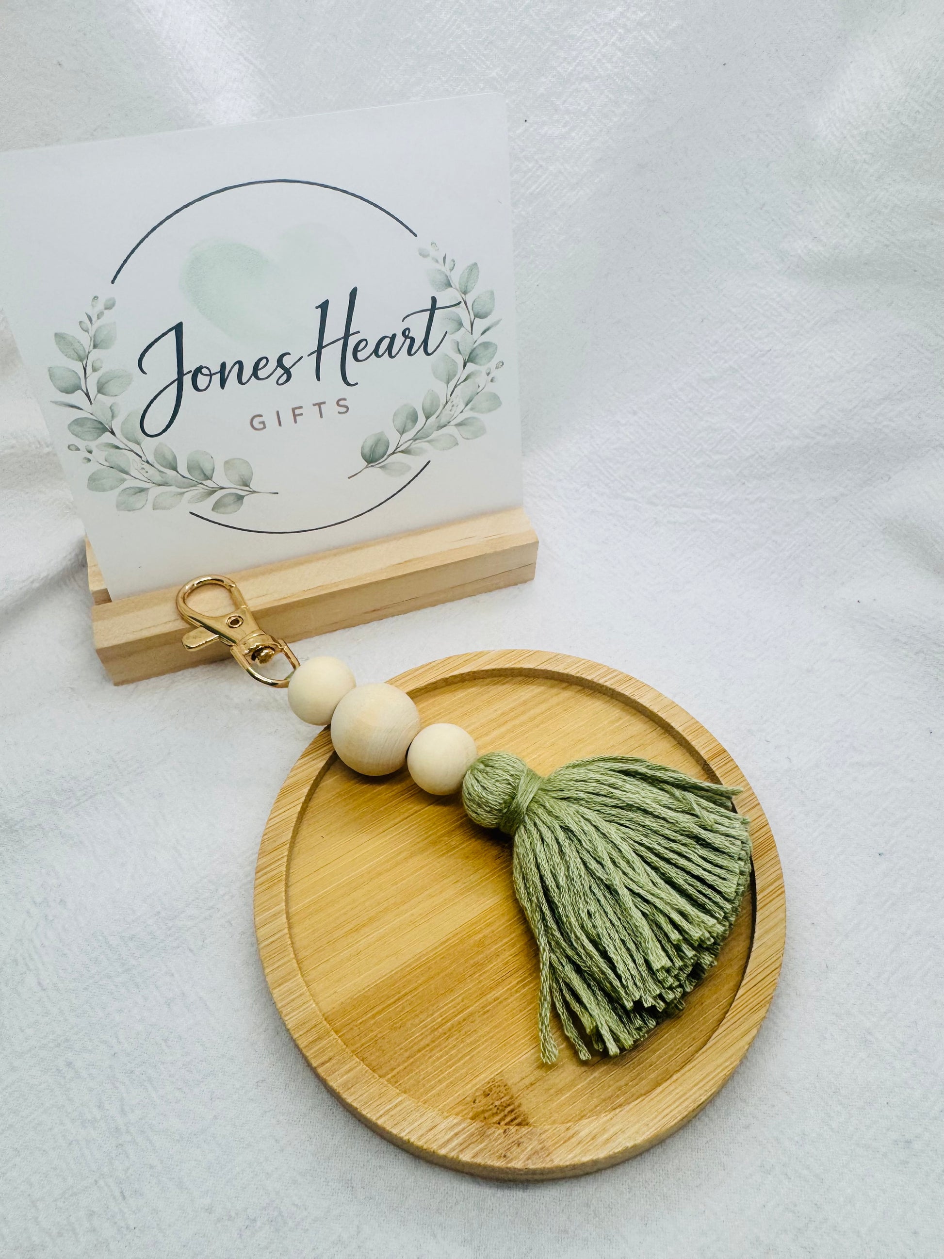 Keychain with Dusty Green Tassel and beads
