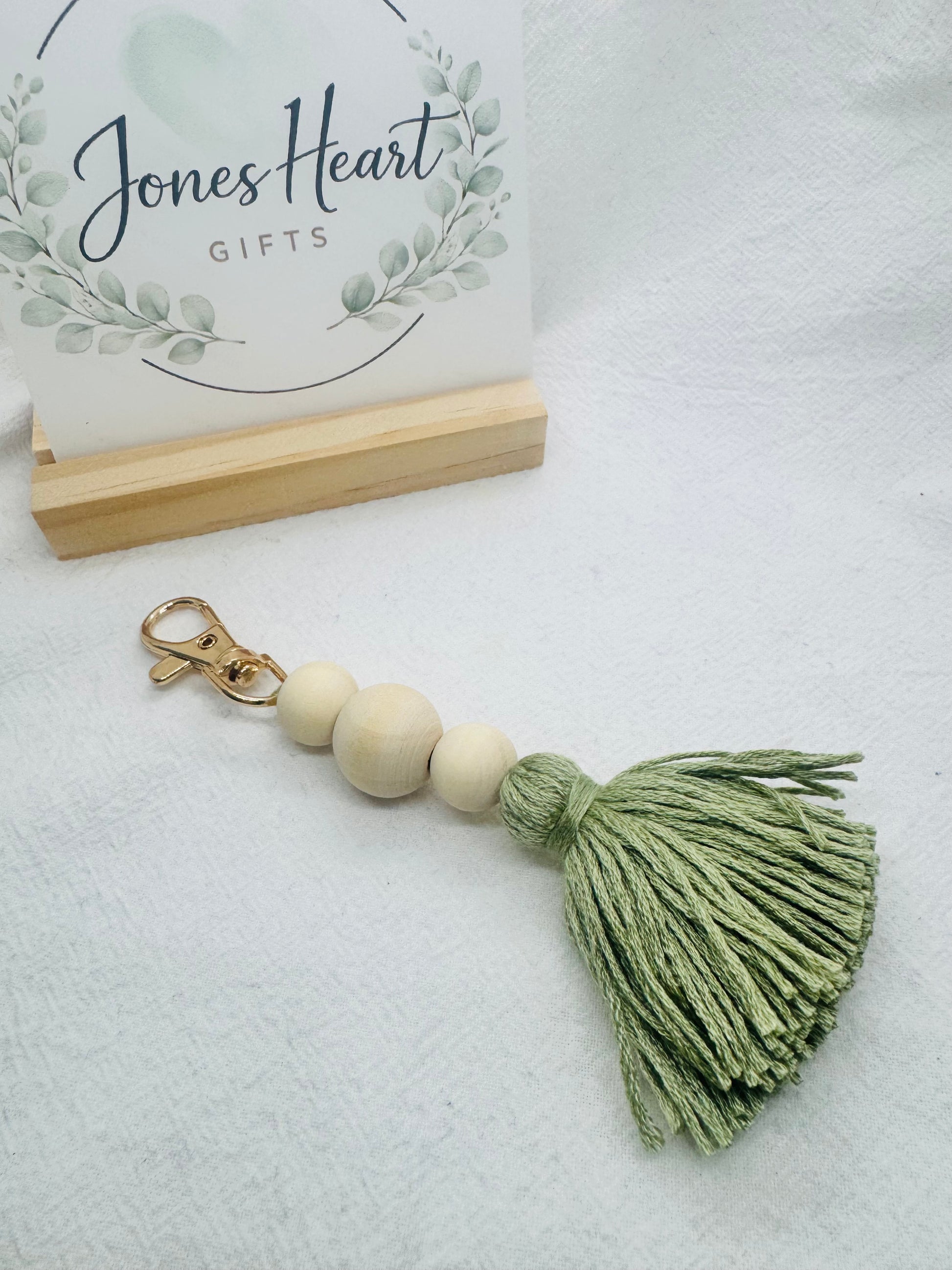Keychain with Dusty Green Tassel and beads