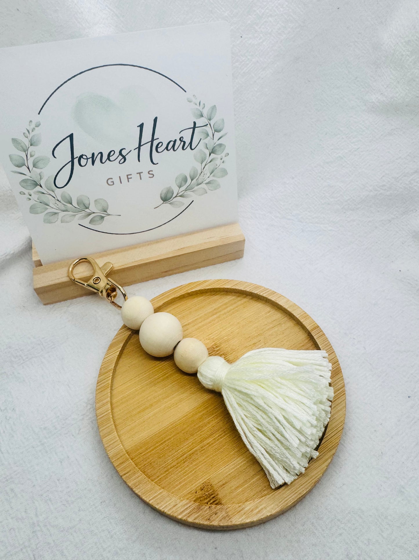 Keychain with White Tassel and beads