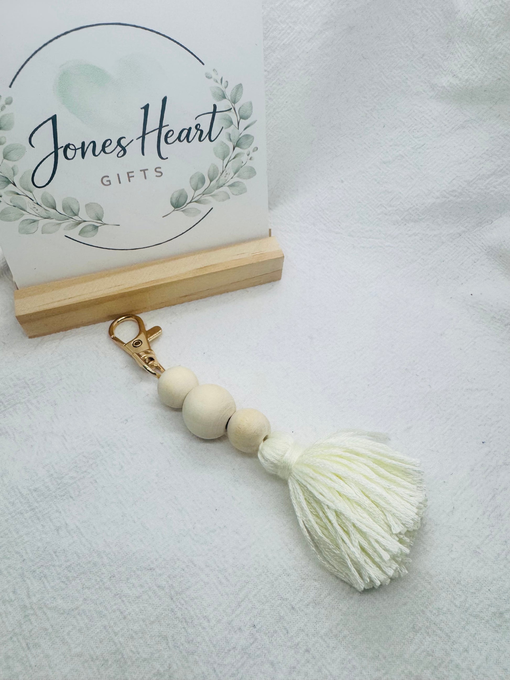 Keychain with White Tassel and beads
